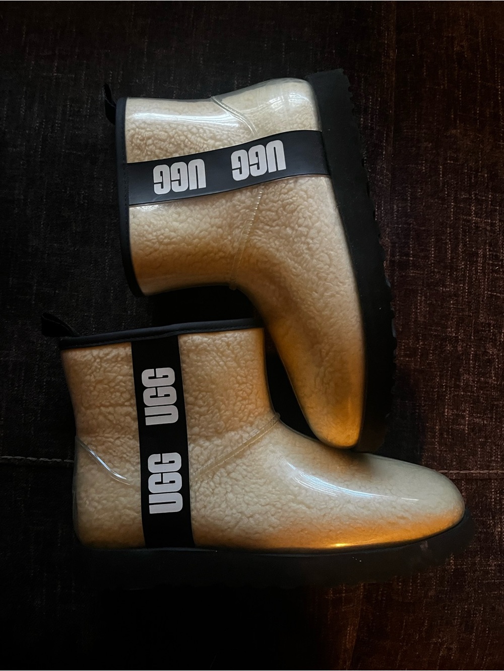 UGG Cream Faux-Shearling Gloss Rain Boots with Black Logo Strap